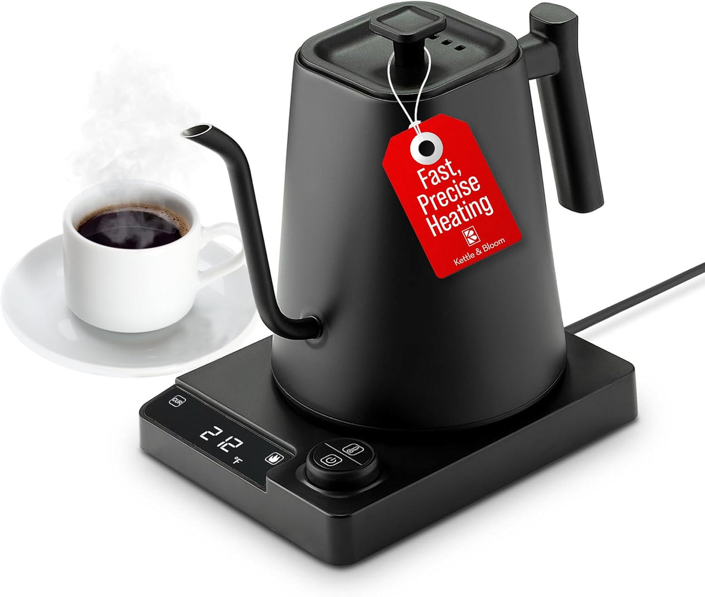 KETTLE & BLOOM Electric Gooseneck Kettle - 1 Liter, Black - Temperature Control Coffee & Tea Kettle - Perfect Pour Over, Gooseneck Spout for Precise Brewing