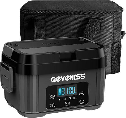 Geveniss Cordless Electric Lunch Box for Adults \u2013 Battery-Powered Heated Lunch Box Food Warmer with 1.1L Stainless Steel Container, Timer Function, Leakproof, Portable for Work, Travel, Office