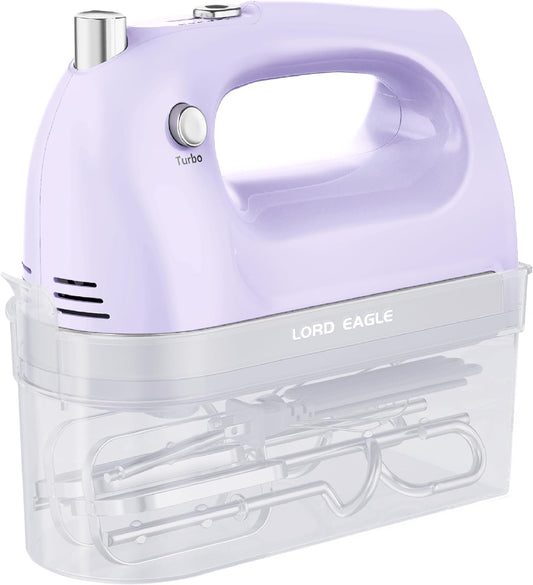 Lord Eagle Hand Mixer Electric Handheld 400W, 5-Speed Lightweight Kitchen Mixer with Storage Case, 5 Stainless Steel Attachments for Baking Cake Egg Cream Food Beater, Turbo+Eject Button, Purple