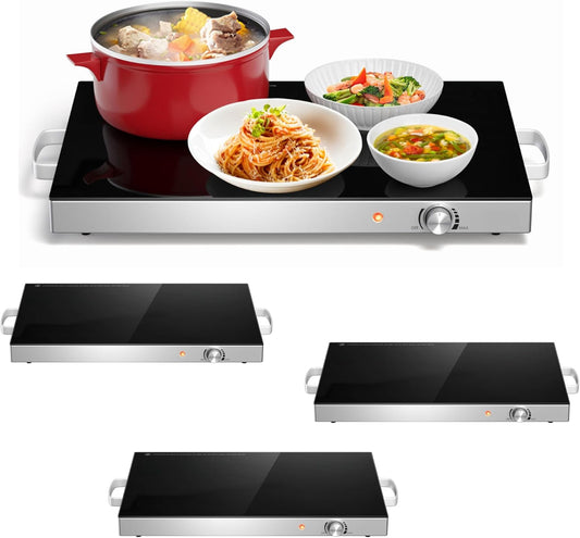 CHEFJOY Electric Warming Tray, Food Warmer w\/Large Hot Plates & Cool-Touch Handles, Adjustable Temperature, Easy to Clean Tempered Glass Surfaces, Food Warming Mat for Parties Buffets Gatherings (3)