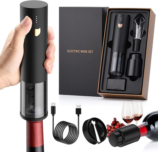 Wine Gifts-Electric Wine Opener-Automatic Wine Opener Rechargeable-Cordless Electric Corkscrew-Wine Bottle Opener with Foil Cutter, 2 in 1 Aerator Pourer, Vacuum Stopper, Gift Box