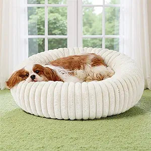 Bedsure ComfyFleece Donut Medium Dog Bed - Washable Faux Fur with Corduroy Fleece & Anti Slip Bottom, Round Pet Bed with Removable Cover, Cream, 30x30x8 inches