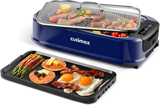 Smokeless Grill, CUSIMAX 1500W Indoor Grill, Electric Grill Griddle with LED Smart Display & Tempered Glass Lid, Portable Korean BBQ Grill, Non-stick Removable Grill & Griddle Plate
