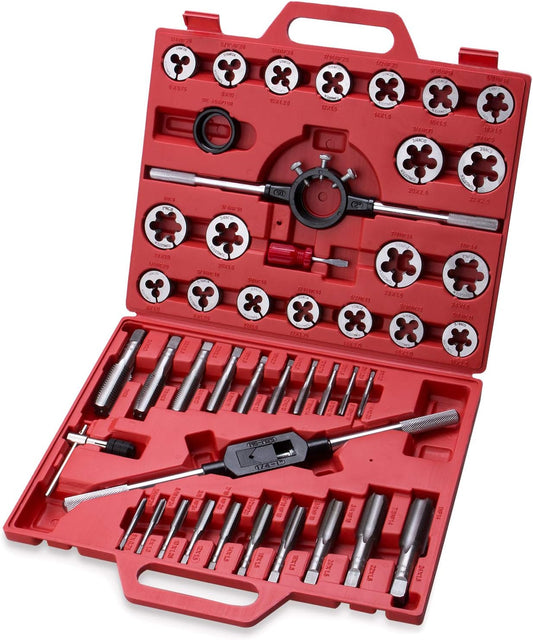 45-Piece Premium Large Size Tap and Die Set - SAE 1\/4, 5\/16, 3\/8, 7\/16, 1\/2, 9\/16, 5\/8, 3\/4, 7\/8, 1\u201D, Both Coarse and Fine Teeth | Essential Threading and Rethreading Tool with Handle Wrench and Case