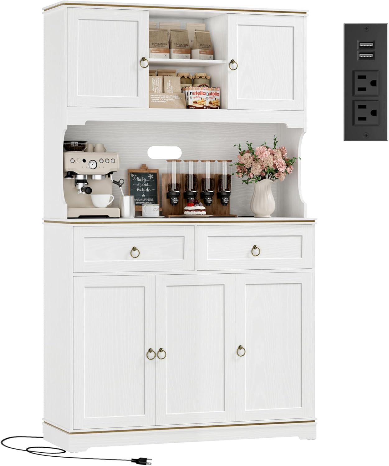 HOSTACK Large Kitchen Pantry Cabinet with Charging Station, 71" Kitchen Hutch Cabinet with Storage Drawers and Countertop, Farmhouse Food Pantry with Microwave Stand for Dining Living Room, White