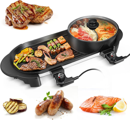 2200W Electric Grill with Hot Pot, Multifunctional Indoor BBQ &Shabu Shabu, Dual Temperature Contral 3.6L Capacity for 2-12 People Family/Friend Gathering Party