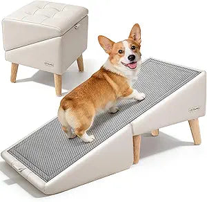 Dog Stairs for Small Dogs 16" H - Upgraded Non-Slip Dog Ramp for Bed and Couch, Foldable 2-in-1 Pet Ramp and Ottoman, Pet Stairs for Puppy, Pet Steps with Solid Wood Frame (Beige)