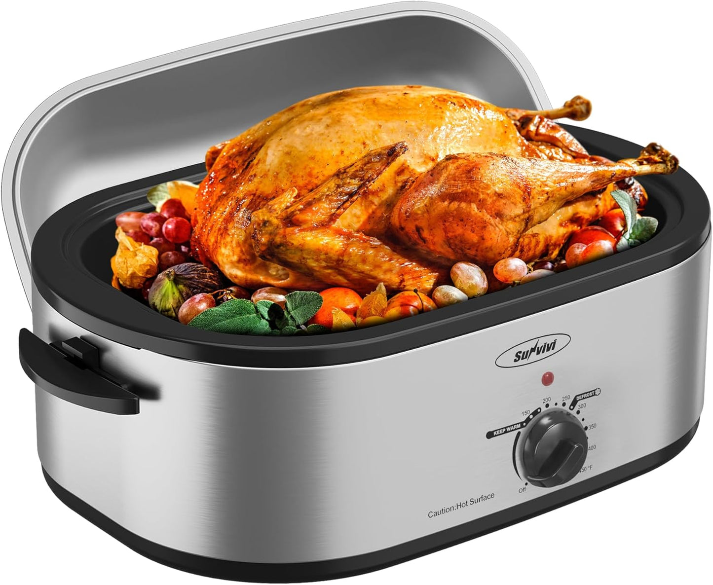 22-Quart Electric Roaster Oven with Removable Pan and Self-Basting Lid, Perfect for Turkey Roasting with Temperature Control from 150 to 450°F and Cool-Touch Handles，Silver