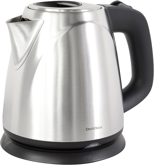 Chef\u2019sChoice Electric Kettle 1500 Watts Cordless Compact Water Boiler Features Stainless Steel Construction Boil Dry Protection & Auto Shut Off Easy Pour, 1-Liter, Metallic