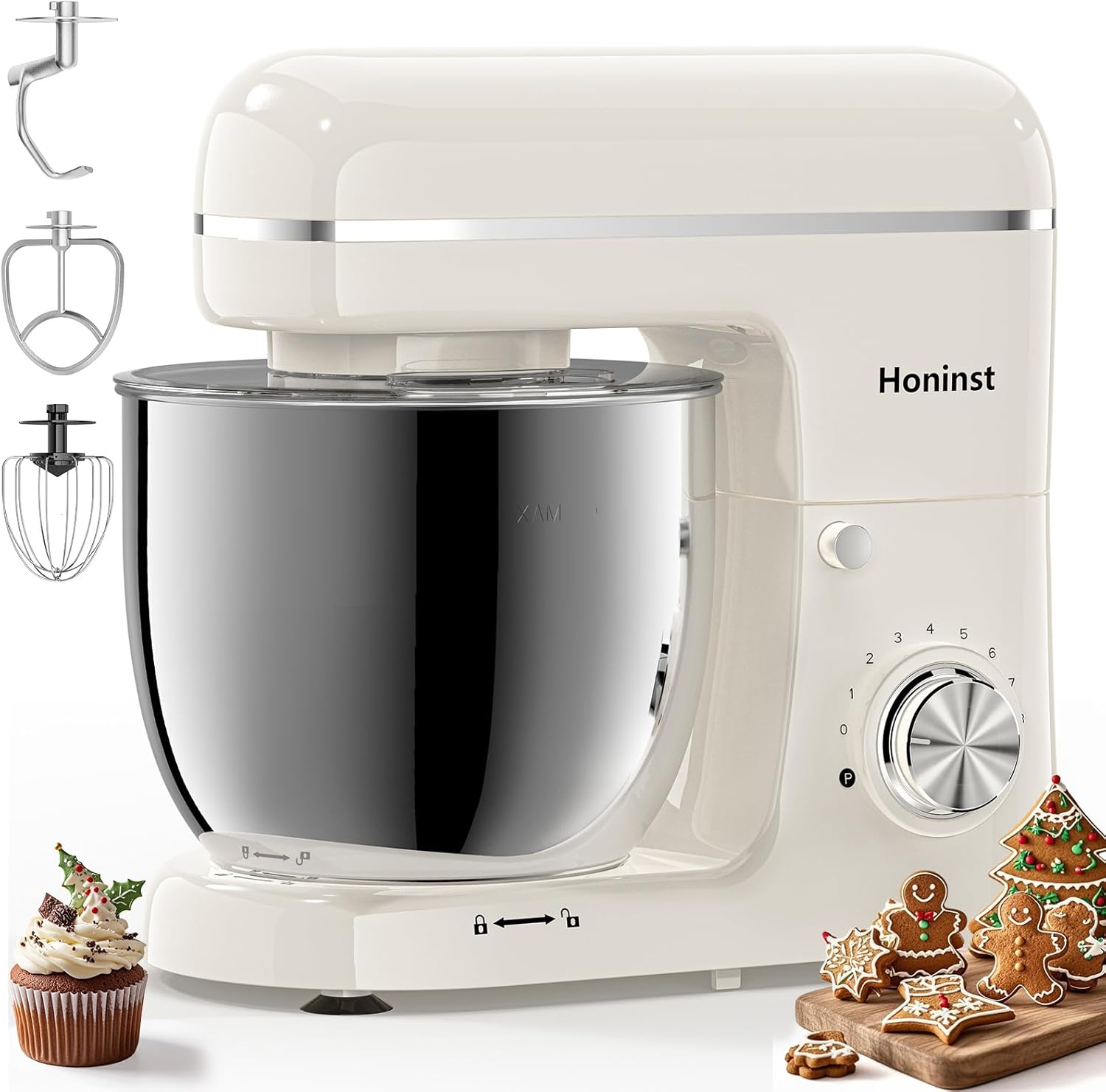 Honinst Stand Mixer, 3-In-1 8-Speed 660W 6.5QT Tilt-Head Food Electric Mixers with Bowl, Dough Hook, Whisk and Beater, Kitchen Mixer for Baking, Cake and Most Home Cooks, Beige