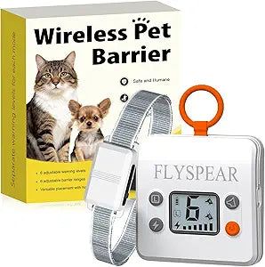 FLYSPEAR Wireless Cat Barrier - Rechargeable Indoor Barrier with 6 Adjustable Range Radius up to 7 ft, 6 Adjustable Safe Static Intensity, Electric Fence System for Cats Small Dogs with Hook (White)