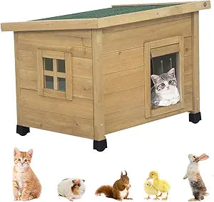 Outdoor Wooden Pet House, Weatherproof Winter Shelter for Ñ€uÑ€Ñ€y and Cats, Elevated Design with Window (Yellow, 22.56 * 17.71 * 16.73Inches)