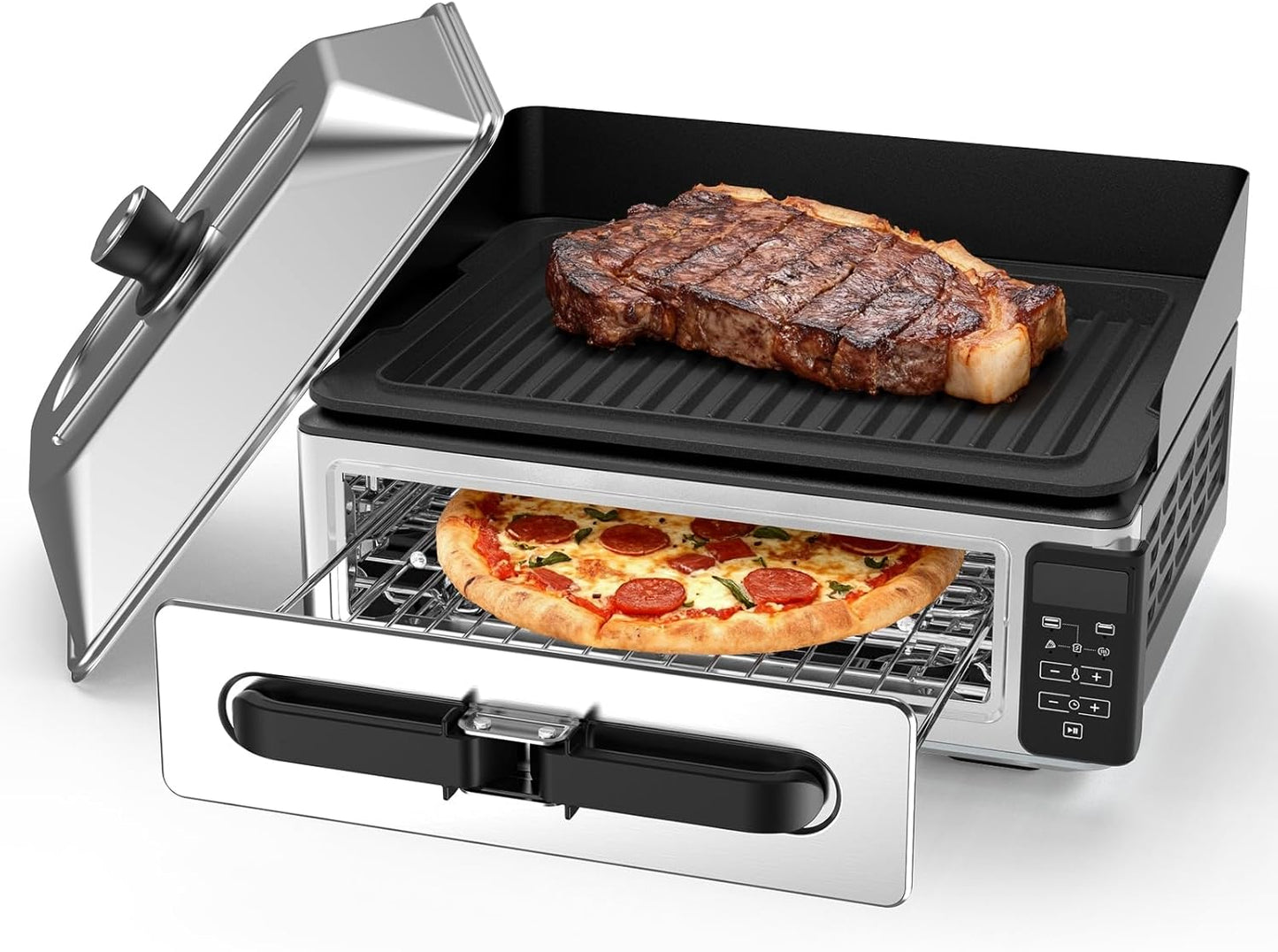 OLIXIS Electric Grill Indoor for Steak and Veggies, Smokeles Griddle with Lid for Kitchen Cooking, Countertop Oven Includes Temp Control\/Grill Plate\/Splash Guard\/Crumb Tray, Silver