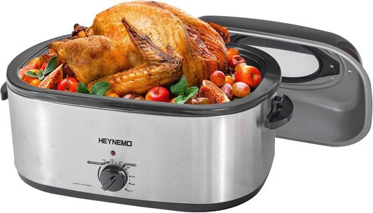 24 Quart Electric Roaster Oven with Self-Basting Lid, Stainless SteelTurkey Roaster Oven with Removable Pan and Rack, Adjustable Temperature Control Powerful 1450W, Silver