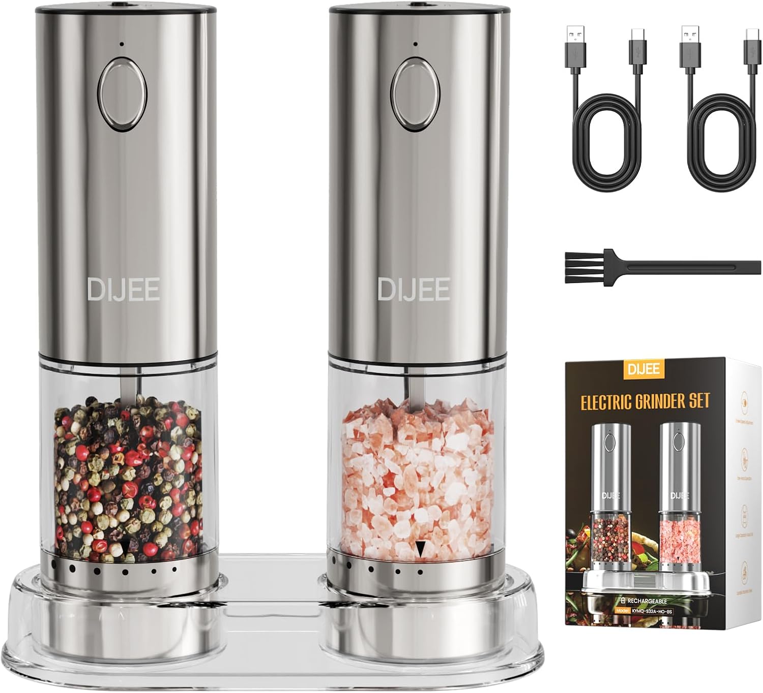 Rechargeable Salt and Pepper Grinder Mill, Electric Salt and Pepper Grinder set with Adjustable Grinding Speed, Automatic, Refillable, Stainless Steel Pepper Mill for Kitchen, Dining, Gifts (2 Pack)
