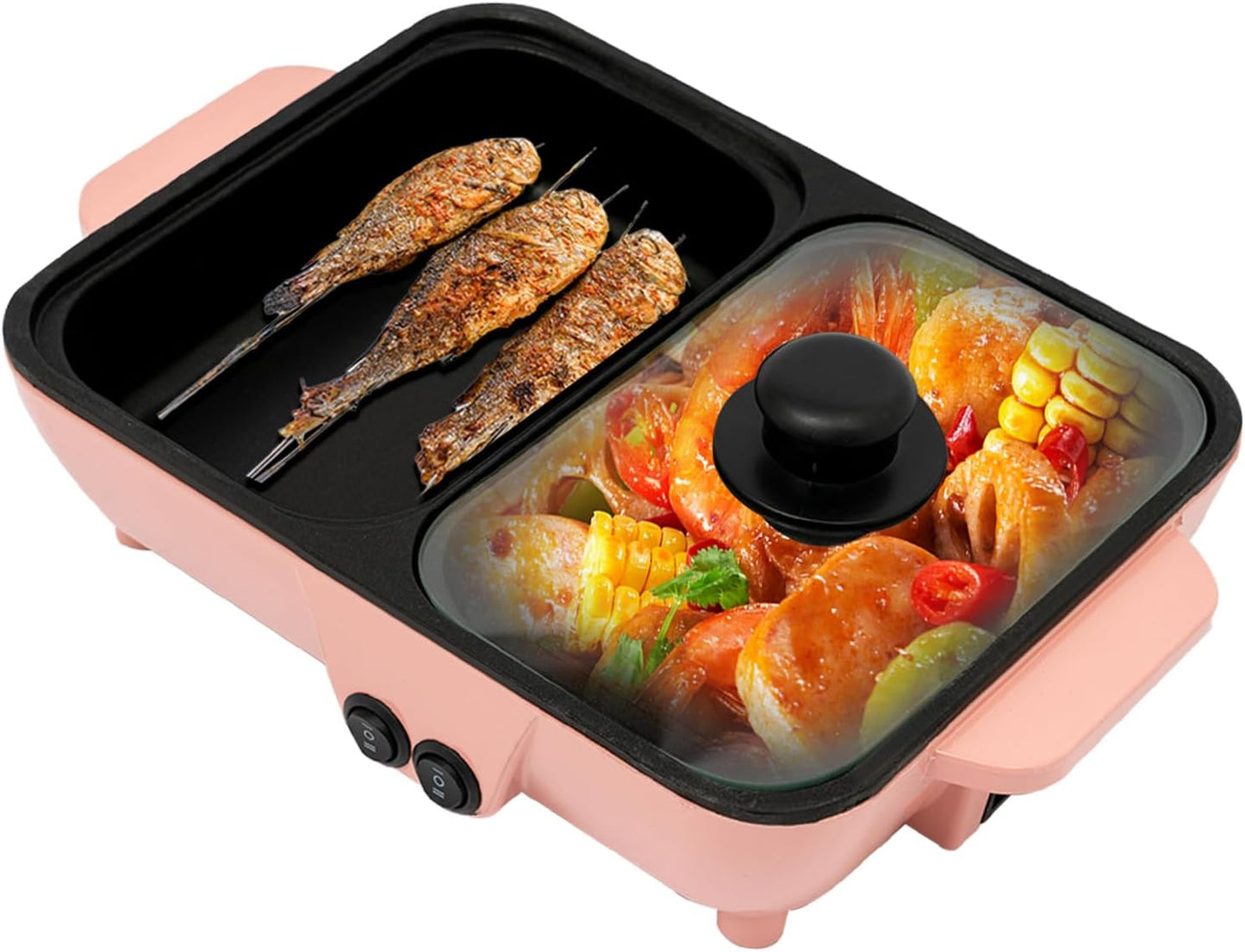 1200W Electric Hot Pot With Grill,2In1 Non-Stick Mini Shabu Shabu Bbq Pan 110V Tabletop Cooking Pot With Dual Temp Control,Pink Bbq Grill Multifunctional Nonstick Griddle For Indoor Use