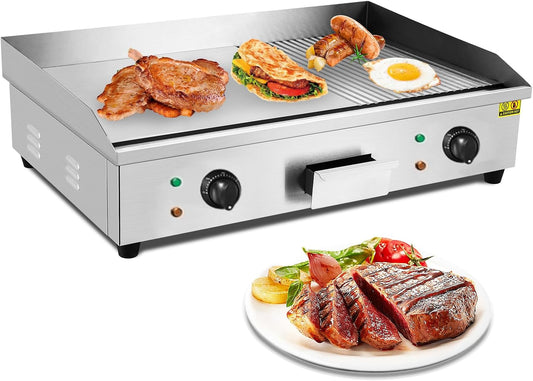 29 in Stainless Steel Electric Griddle, 3000W 110V, Half Flat Half Grooved Grill Countertop Griddle, Non-Stick Teppanyaki Grill Hotplate Grill Cooking for Restaurant Kitchen Party BBQ