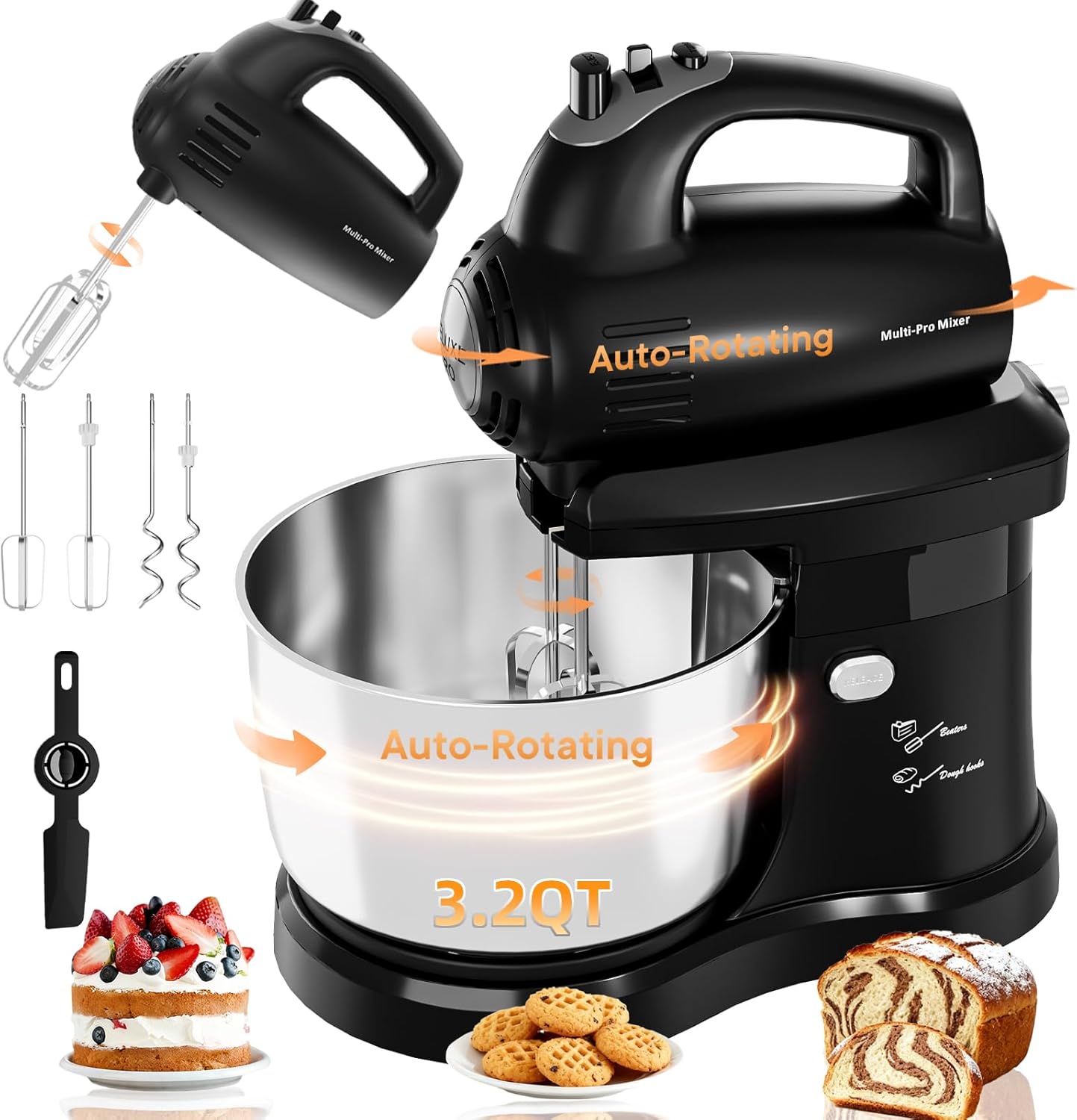 Stand Mixer Hand Mixer Kitchen Electric - 2-IN-1 3.2 QT Auto-Rotating Bowl & Beater Tilt-Head Small Standing Mixer, 250 Watt 5-Speed with Turbo Boost Household Mixer with Beaters & Dough Hooks