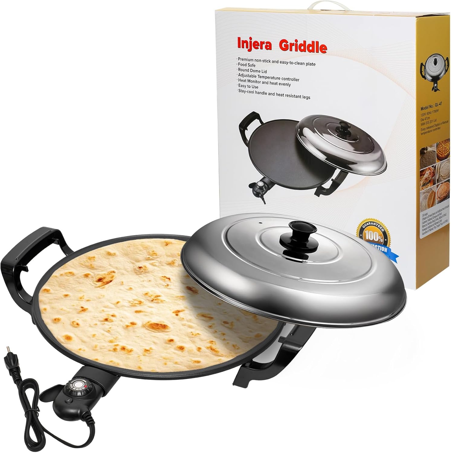 18.5" Electric Injera Maker with 5-Speed Control (300-450℉), EvenHeat Tech Mitad for Ethiopian Injera, Mogogo Injera Maker Ethiopia with Non-Stick Surface, for Ethiopian Injera, India Dosa, Lefse
