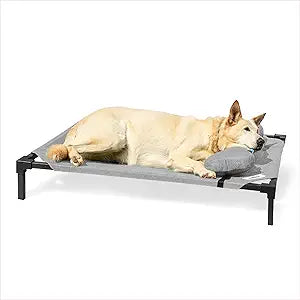 Coolaroo Pro Elevated Dog Bed with HeatShield Fabric â€“ Advanced Cooling Raised Cot for Small & Medium Breeds, Easy-Clean, Low-to-Ground Access, Bonus Bolster Pillow â€“ Glacier Grey