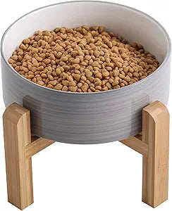 Elevated/Raised Dog Bowl Ceramic with Wood Stand for Medium Large Breed,Dog Food Water Dish Heavy Weighted,8 in Non Slip Modern Cute Porcelain Pet Bowl Extra Large Grey White
