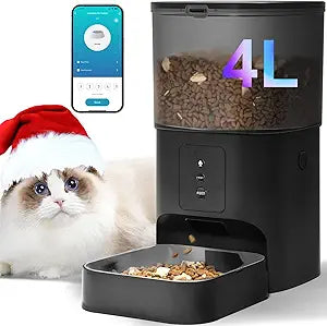 2.4G Automatic Cat Feeder, Cat Food Dispenser with 10s Voice Recorder, Pet Feeder up to 8 Meals per Day, Timed Feeder with Dry Food Sealed Ring (Black, 4L-WiFi)