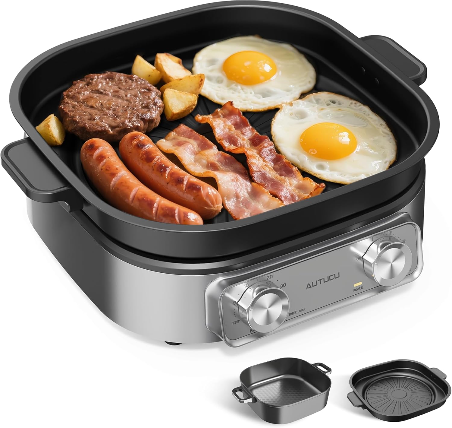 6-Quart Electric Skillet with Grill | Non-Stick PFOA-Free Ceramic-Coated Pot, 1600W, Timer & 3 Power Settings for Steak, Egg, Ramen (Includes Tongs) Pot & Grill