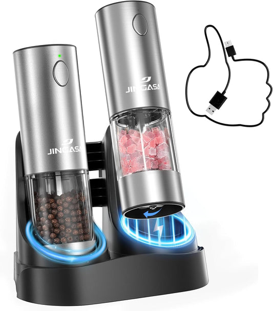 [Upgraded Larger Capacity] Electric Salt and Pepper Grinder Set with USB Charging Base, 95ml Large Capacity, Adjustable Coarseness,Stainless Steel Automatic Pepper Mill (Upgraded Capacity-A)