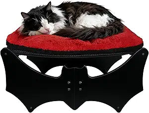 Gothic Cat Bed with Bat Design, Wooden Elevated Cat Beds with Sisal Scratching Mat, Cats Scratcher Bed with Removable Fluffy Cushion, Raised Pet Bed for Large Cats, 22" L x 17.7" W, Black