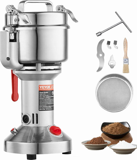 VEVOR 550g Electric Grain Mill Grinder, High Speed 2000W Commercial Spice Grinders, Stainless Steel Pulverizer Powder Machine, for Dry Grains Spices Cereals Coffee Corn Pepper, Straight Type