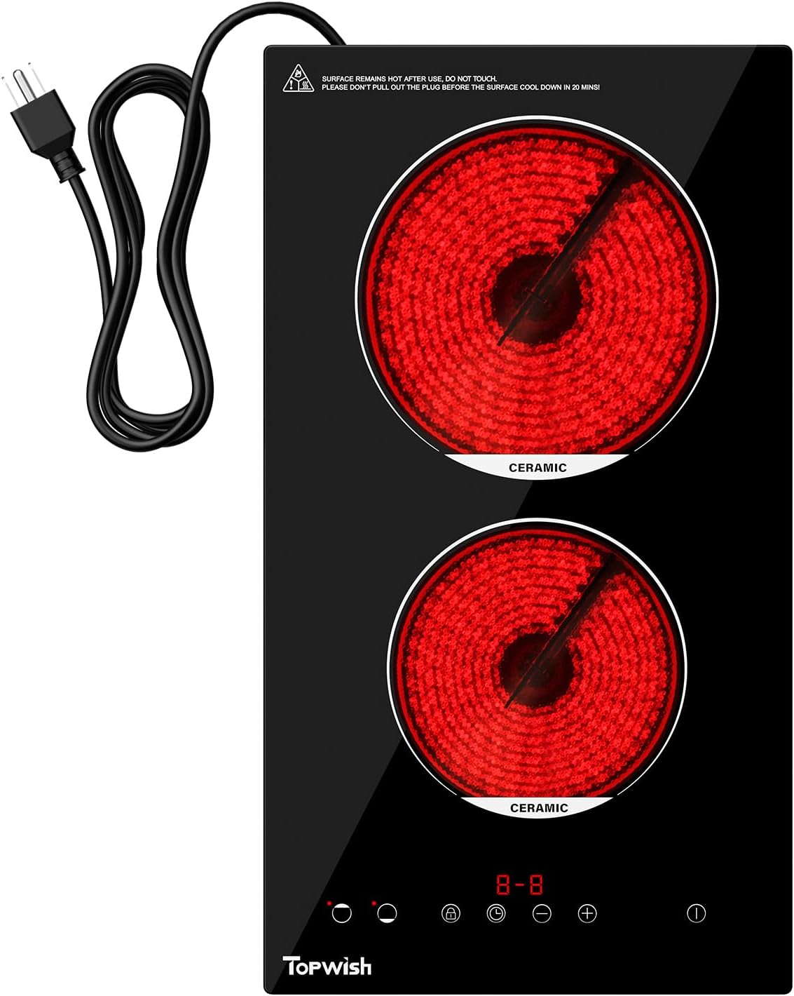 2 Burners Electric Cooktop, 12 Inch Built-in Ceramic Cooktop, 120v Plug in Electric Stove Top with Child Lock, Timer, Over-Temperature Protection, Sensor Touch Control