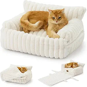 Cute Cat Bed with Removable Cover, Multifunctional Plush Faux Fur Pet Couch Bed with Blanket, Ultra-Soft Pet Furniture for Cats & Small Dogs (Cream, S: 25''x18'')