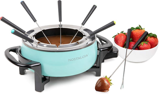 Nostalgia 12-Cup Electric Fondue Pot Set for Cheese & Chocolate - 8 Color-Coded Forks, Temperature Control - Stainless Steel Kitchen Gadgets and Appliances for Hors d'Oeuvres and More - Aqua