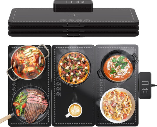 Warming Trays for Buffets Party, Stackable Electric Food Warmers for Parties Buffet, Tempered Glass Warming Mat for Food, 3 Temperature Settings, 4H Timer, Safety Lock