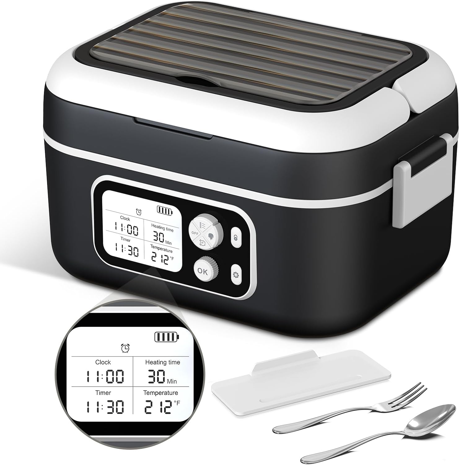 EDCREATY Cordless Electric Heated Lunch Box, 1.5L 6.3Cups 24000mAh Rechargeable Battery Self-Heating Lunch Box, Smart Timer, Even Heating, 100W Portable Food Warmer for Office, Picnic, Car, Outdoor