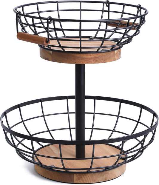 2-tier Fruit Basket Bowl,Metal Basket with Wooden Base,Fruit and Vegetable Storage with Banana Hanger,Fruit Basket for Kitchen Counter Organizer.