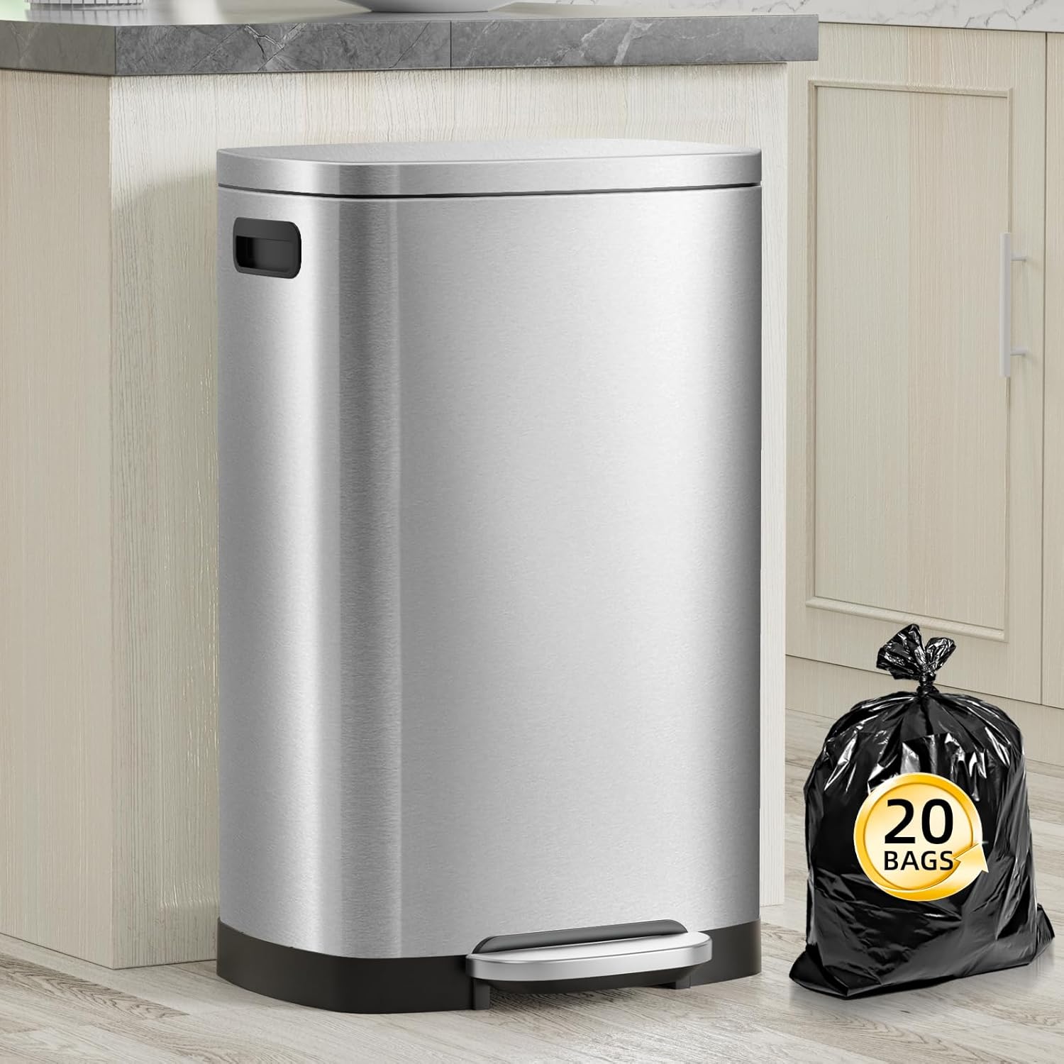 KdbK 13 Gallon Trash Can with Lid, 50L Fingerprint Proof Stainless Steel Kitchen Trash Can with Removable Inner Bucket and Lid Soft Close, Pedal Rubbish Bin for Home Office