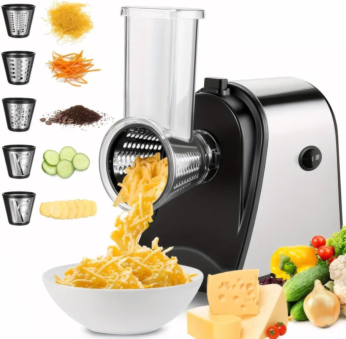 Electric Cheese Grater, Salad Maker With 5 Different Blades, 250W Electric Slicer Shredder for Home Kitchen Use, One-Touch Control Electric Grater for Cheeses, Fruits, Vegetables, BPA-Free