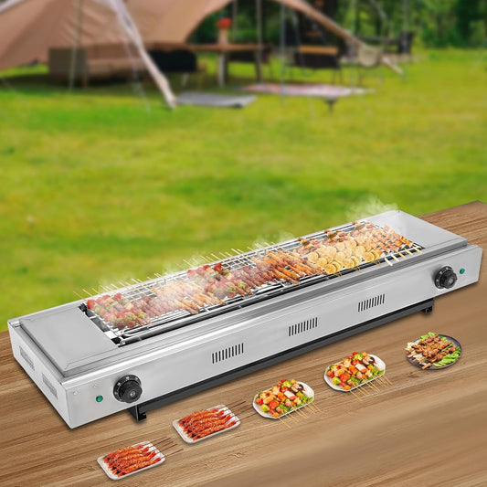 Electric Kebab Grill, Stainless Steel Indoor Smokeless BBQ, 3KW Non-Stick Countertop Grill with Double Adjustable Thermostatic Control, 122-572F