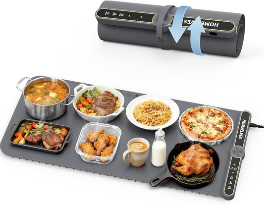 Food Warming Mat Extra Large, Rapid Heating Electric Warming Tray with 9 Temp Setting and 6 Hours Timer,Foldable Warming Trays for Food, Portable Food Warmers for Parties Buffet, Gray