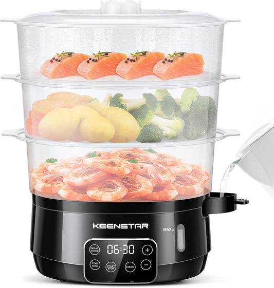13.7QT Electric Food Steamer for Cooking, Vegetable Steamer with 3 Tiers BPA-Free Baskets, Digital Steamer with Appointment, 800W Fast Cooking, Ideal for Veggies Seafood Rice Black