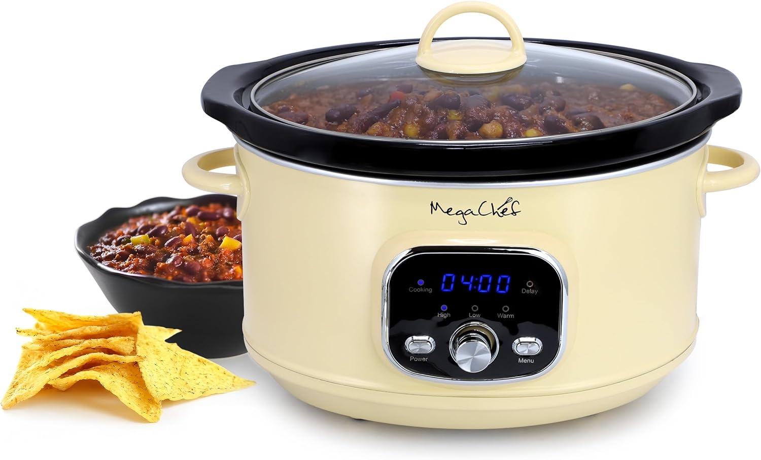 MegaChef 3.7 Quart Electric Countertop Slow Cooker Appliance with Removable Ceramic Pot Ivory, Adjustable Temperature (3.7 Qt Ivory)