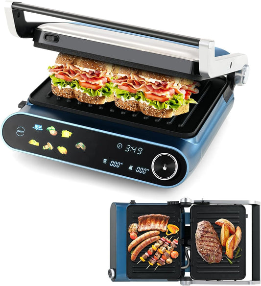 Electric Grill Indoor, Panini Press Sandwich Maker with Non-stick Reversible Grill Plates, Drip Tray & LED Display, 7 Grilling Modes, Dishwasher Safe, 1200W