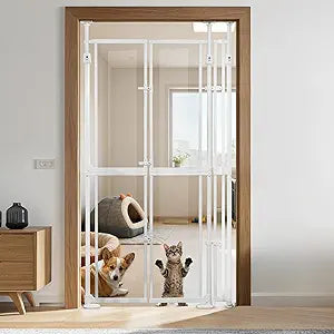 74.80-98.43'' Extra Tall Cat Gate, Adjustable 33.86â€ and 35.80" Wide, Transparent Full Door Pet Gate, Auto Close No Drilling Cat Proof Safety Gate for Doorway Stairs- White