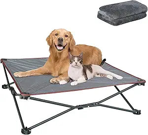 unp Foldable Dog Bed Pop up - 36 x 36 x 10 inch Elevated Pet Cot Outdoor Breathable - Removable Plush Pad & Carrying Bag Raised Dog Camping Bed (Grey, L PRO)