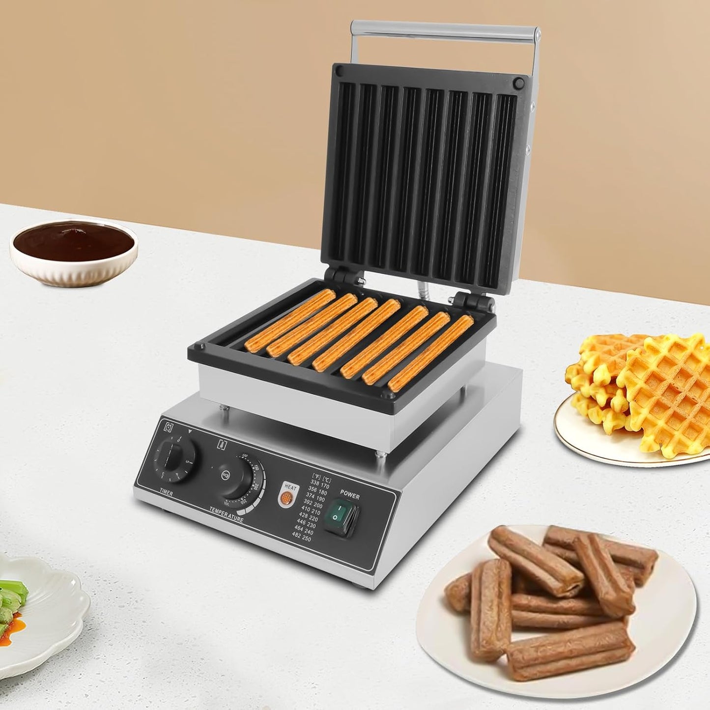 Churro Maker Machine, Nonstick Commercial Churros Maker Makes 8 pcs, Stainless Steel Electric Waffle Baker Machine for Home Commercial Snack Food,1750W
