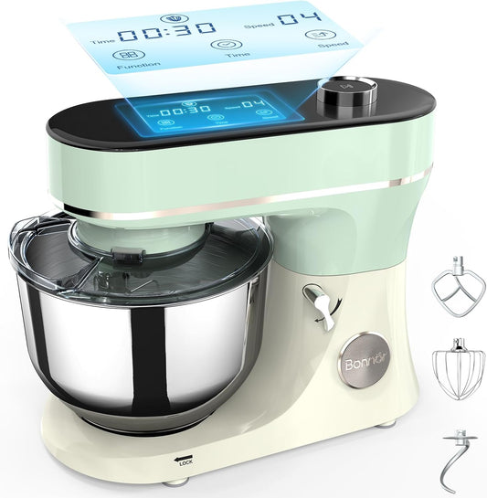 Bonnor Stand Mixer, 6QT Electric Kitchen Mixer for Baking Cakes & Dough, LED Smart Touchscreen, 11-Speed Tilt-Head & Timer, 4 Presets, Mixer with Bowl, Dough Hook\/Whisk\/Beater, Green