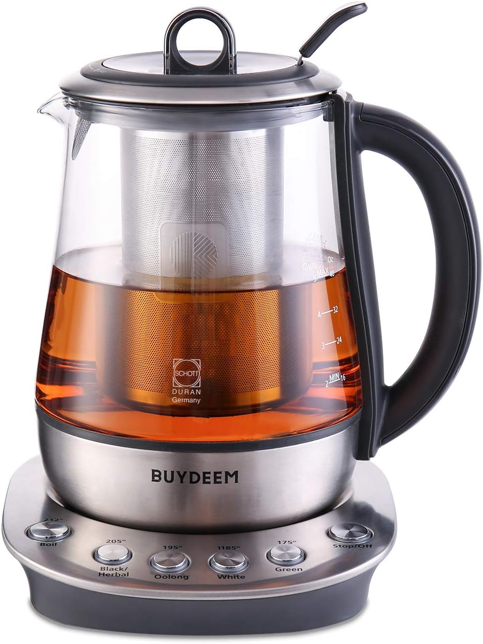 BUYDEEM K2423 Tea Maker, 316 Stainless Steel & Heat Resistant DURAN Glass Electric Kettle, 5 Temperature Settings, Removable Infuser, Auto Keep Warm, 1.2L