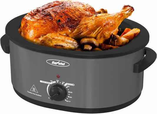 SUNVIVIPRO Slow Cooker with Self-Basting Lid, Electric Turkey Roaster Oven with Removable Pan and Rack, Stainless Steel, Grey, 8 QT