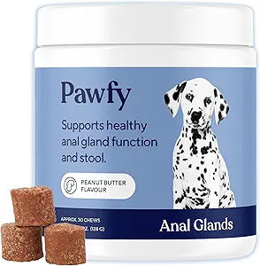 Pawfy Anal Gland Chews for Dogs with Peanut Butter | Dog Probiotics â€“ Helps with Constipation, Digestive Health, and Gas Relief | Promotes Healthy Poops & Comfort - 30 Dog Supplements